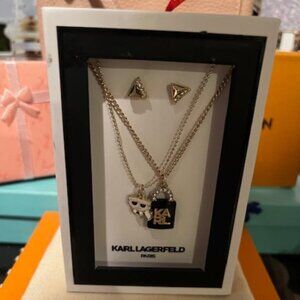 Karl Lagerfeld Paris Stud and Logo Necklace and Earrings Set - Gold Tone NWT
